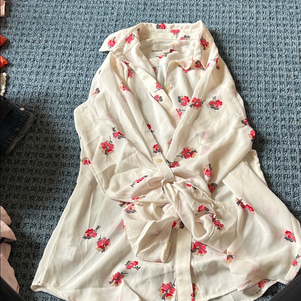 LOFT Floral Button-Down Blouse - Cream and Red